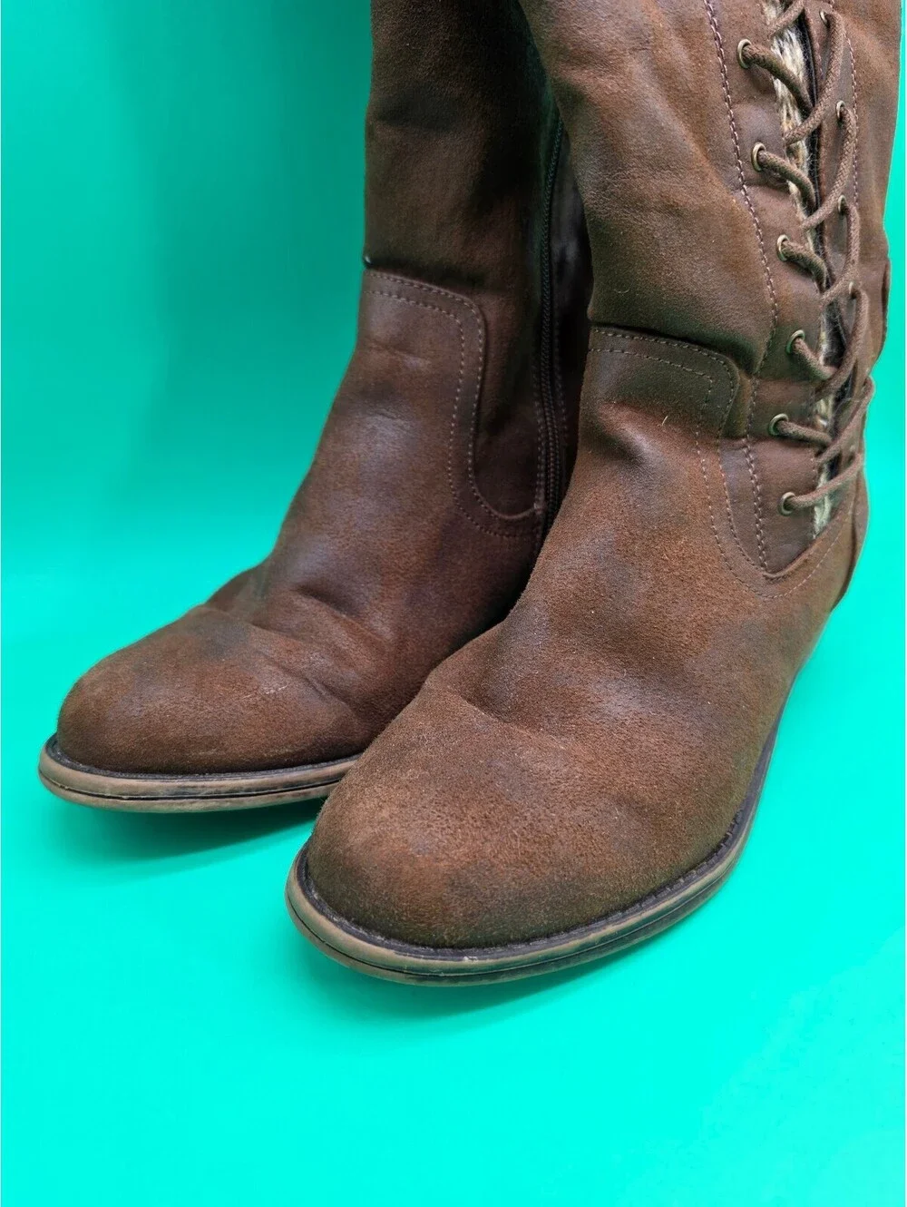 Apt. 9 Women's Tall Lace-Up Boots Brown Knit Back Side Zip Size 7.5M